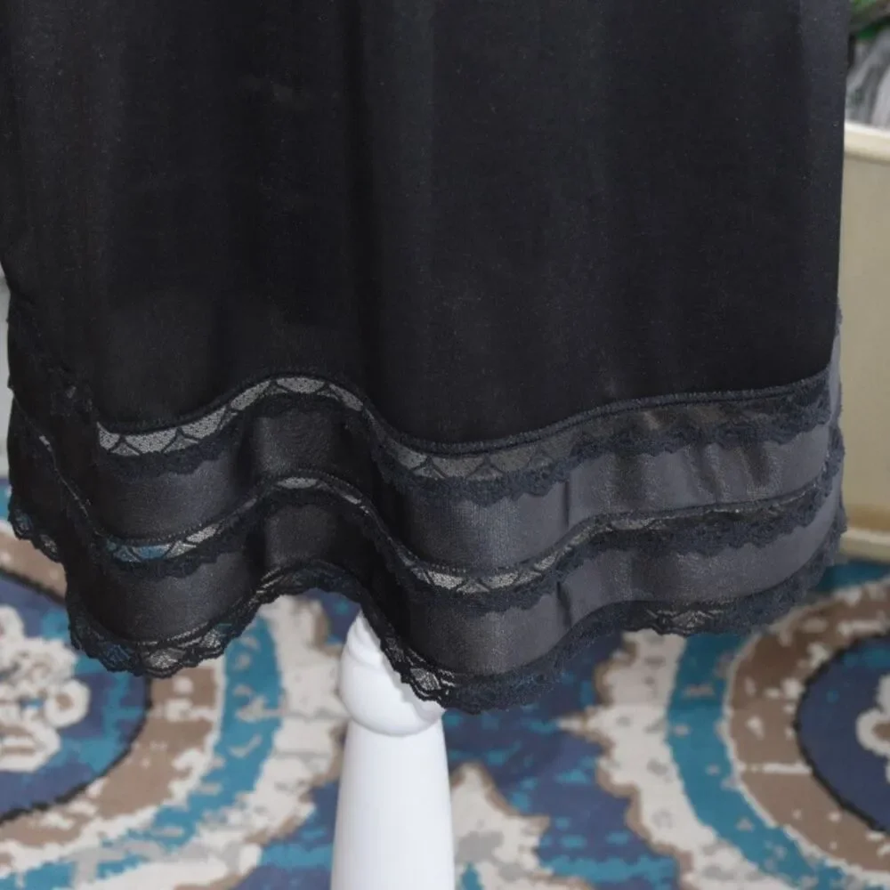 Vintage 80s Black Nylon Tricot Full Slip Lace Trim USA Sliperfection 40